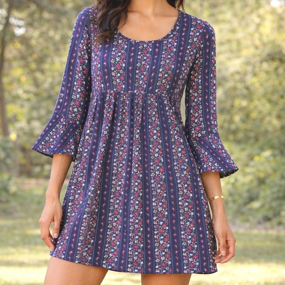 Empire Waist Mini Dress Floral Bell Sleeve Sz XL Bohemian Cottagecore Peasant